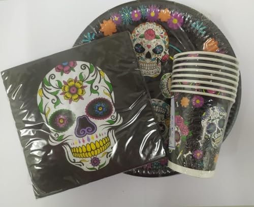 Lote de Vajilla Juvenil Catrina-Calavera (8 Vasos, 8 Platos y 16 Servilletas) .Vajillas. Decoración para Fiestas de Halloween, Cumpleaños, Bodas, Bautizos y Comuniones.AB