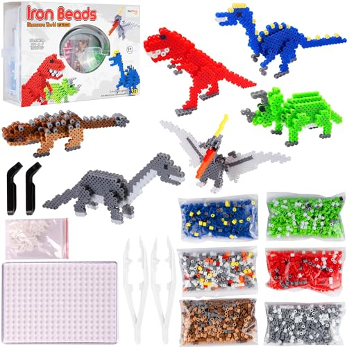 MalPlay Bügelperlen 3000 STK DIY Dinosaurier Bügelschablonen 3D Figuren Steckperlen Set T-Rex Muster Platten Kinder ab 6 Jahren