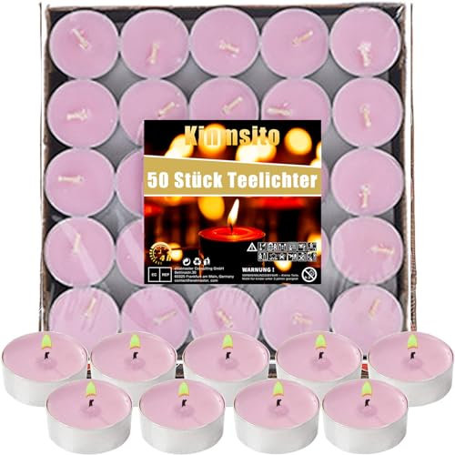 Kinmsito 50 Stück Teelichter,Runde Romantische Rosa Kerzen,Brenndauer 4 Stunden,Romantische Teelichter,Rauchfreie Teelicht Liebe Kerzen für Geburtstag,Vorschlag,Party,Valentinstag,hochzeit,verlobung