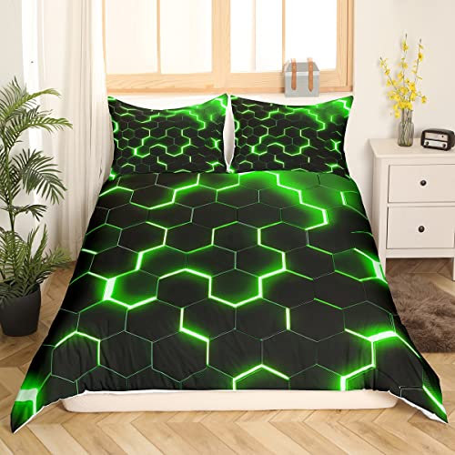 Geometrische Bettbezug 135x200,Teen Boys Grün Schwarz Neon Licht Honigwaben Bettwäsche Sets, Geometrie Hexagon Tröster Moderne Mode Bettdecke 1 Kissenbezug Home Room Decor