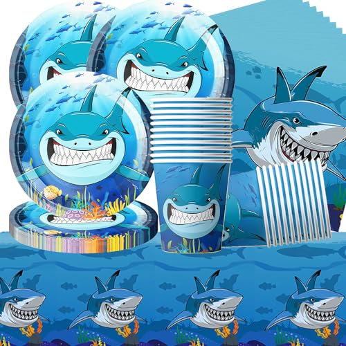 Doyomtoy 61 Stück Hai Party Geschirr Set für 20 Personen - Shark Thema Dekoration Mit Pappteller, Tassen, Servietten, Tischdecke für Kindergeburtstag
