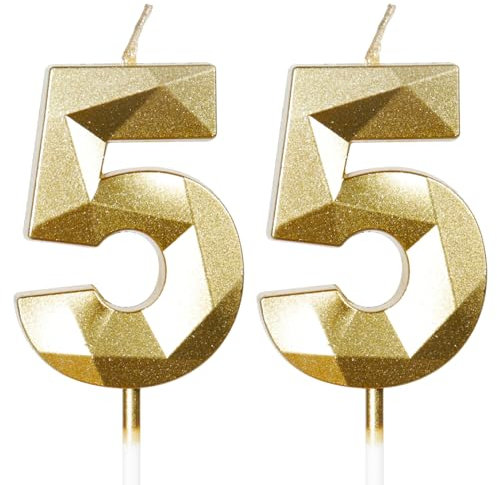 Bougies pour 55e anniversaire, bougie en forme de chiffre 55, bougies dorées, bougie d'anniversaire pour gâteau, bougies d'anniversaire, décorations de gâteau pour fête d'anniversaire, mariage