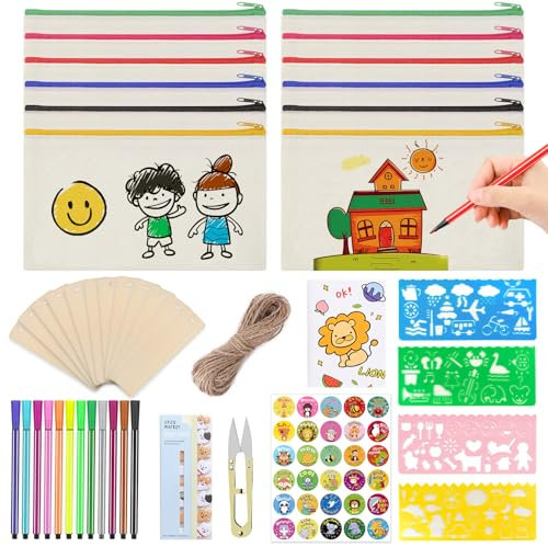 FINEASY 12 Stück DIY Stoff Federmäppchen, Stofftasche zum Bemalen, Taschen zum Bemalen für Kinder mit 12 Farbigen Stiften und 4 Malen Schimmel für Basteln Aufbewahrung Kindergeburtstag