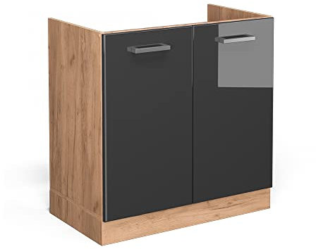 Vicco Spülenunterschrank R-Line, Anthrazit Hochglanz/Goldkraft Eiche, 80 cm AP Marmor