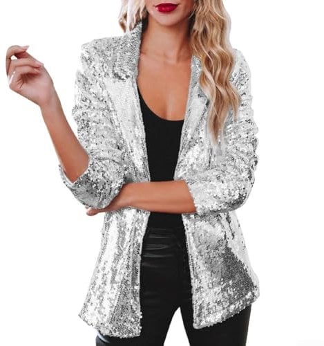Nightclub Pailletten Blazer Damen Schimmer Glitzer Jacke Mantel Outerwear (XXL Silber)