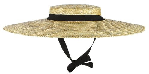 Weduspaty Women Vintage Boater Hats, Wide Brim Straw Hat Flat Top Sun Hat with Chin Strap for Women Summer Beach