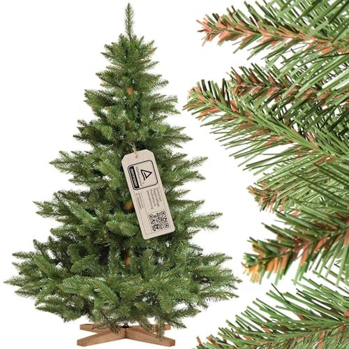 FairyTrees Weihnachtsbaum künstlich 150cm NORDMANNTANNE mit Christbaum Holzständer | TESTSIEGER Tannenbaum künstlich mit braunem Stamm | Made in EU