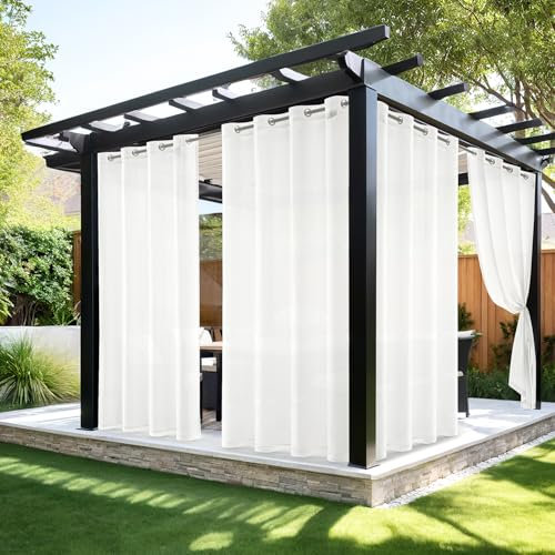 MIULEE Cortinas Exteriores Impermeable Cortinas Terraza de Exterior para Porche Cortinas Blancas Translucidas para para Pergolas de Jardin con Ojales, 2 Piezas, 132 x 215cm, Blanco