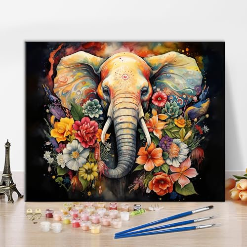 Malen nach Zahlen für Erwachsene Elefant mit Blumen Malen nach Zahlen Kits Tier Malen nach Zahlen für Erwachsene Anfänger abstrakte Kunstwerk Wanddekoration Ölgemälde, 16x20 Ohne Rahmen