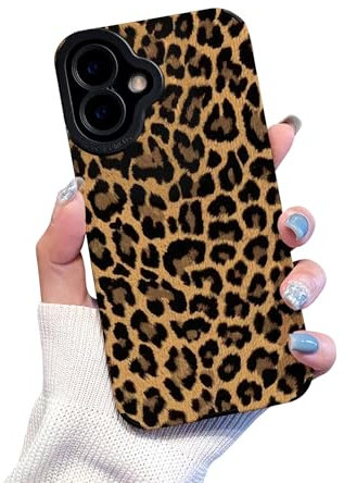 Reownest for iPhone 16 Case Cute Brown Leopard Pattern Leather Aesthetic Phone Case for Women Girls Soft Silicone Protective Case for iPhone 16 -Black