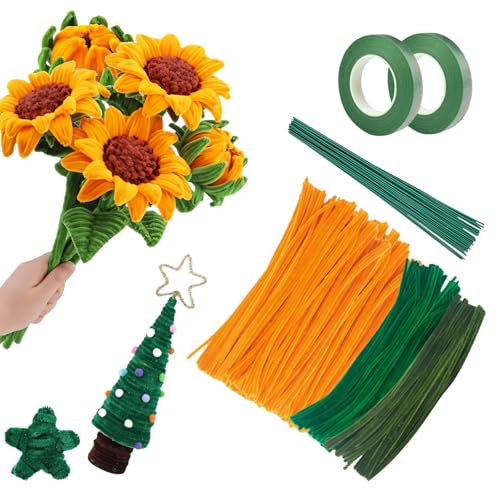 360 Pezzi Scovolini Feltro Lavoretti Pulitori per Pipa Fai da te Macrame Kit Fiori Bouquet Verde Giallo Fiori Filo di Scovolini Colorati Lavoretti Natale Ciniglia Pulitore Pipe Girasoli (giallo)