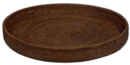 Tablett Rattan Rund Ø 48 cm - großes rundes Serviertablett/Dekotablett aus geflochtenem Rattan - handgefertigt (Dark Mokka)
