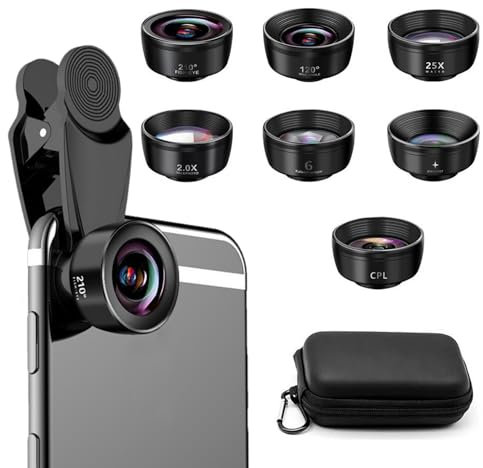 Severnier 7 in 1 Universelles Handy Objektiv Kit, 198° fisheye Lens, 0.63X Weitwinkel, 15X Makroobjektiv, CPL, Star Filter Objektiv, makro objektiv Handy mit Staubbeutel (Schwarz-p)
