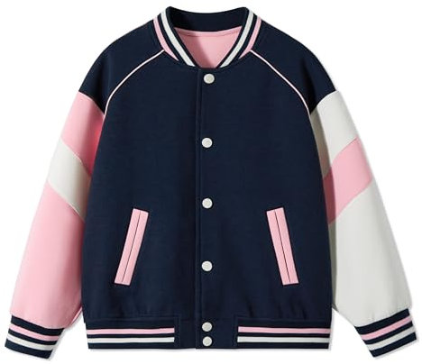 Rolanko Giaccione da Baseball per Ragazze e Ragazzi, Stile Varsity con Taschi Giubbotto da Scuola Giubbotto Bomber per Bambini, Rosa marina, Taglia: 160, 11-12 anni