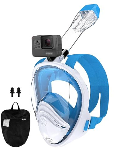 Zumhigh Full Face Snorkel Mask,180°Panoramic View,Anti-leak,Anti-fog,Snorkeling Mask Set with Adjustable Strips,Diving Mask with Detachable Camera Face, for Teenagers Adults,Blue,L/XL
