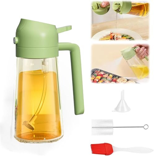 CLKE 470ml/16oz 2-in-1 Olive Oil Spray Bottle Oil Dispenser, Vinegar Spray Bottle for Cooking Air Fryer, BBQ, Kitchen, Salad, Baking (Green)