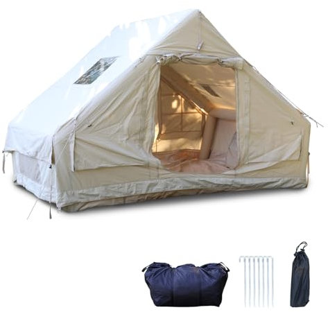 Jaxguom Aufblasbares Gampingzelt mit Kaminöffnung & Dachfenster, Glamping Zelt für Outdoor, Aufblasbares Zelt aus Wasserdichtem Oxford-Stoff 4 Saison, Fenster & Türen mit Mesh (300x210x200cm)