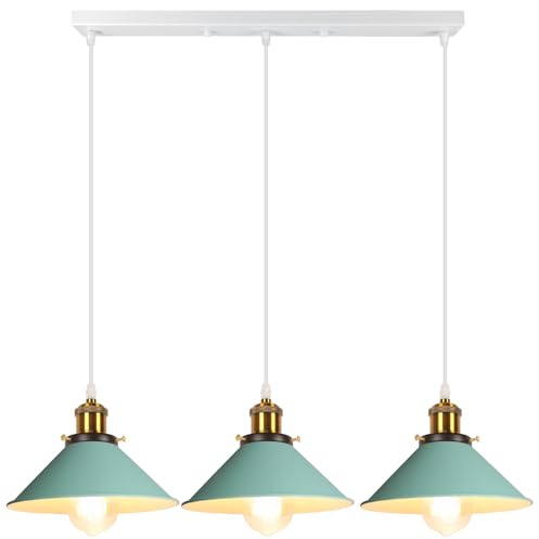 iDEGU 3 Luci Lampada a Sospensione Retrò, 22cm Vintage Lampadario a Sospensione in Metallo E27 Plafoniera Stile Scandinavo Lampade da Soffitto per Cucina Caffè Sala da Pranzo Cameretta (Verde)