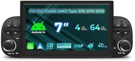Upgrade 4+64GB Autoradio per Fiat Panda (MK3 Tipo 319) 2013-2023, 7 pollici Android 14 Radio Wireless Carplay/Android Auto Bluetooth5.0 WiFi 4G GPS Navi DAB+ FM RDS DSP SWC TPMS OBD2