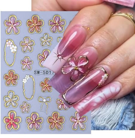 Cosmeria Nail Stickers Flowers, 2 Sheets 5D Floral Nail Stickers, Spring and Summer Nail Design, Pink and Gold Flower Nail Stickers for DIY