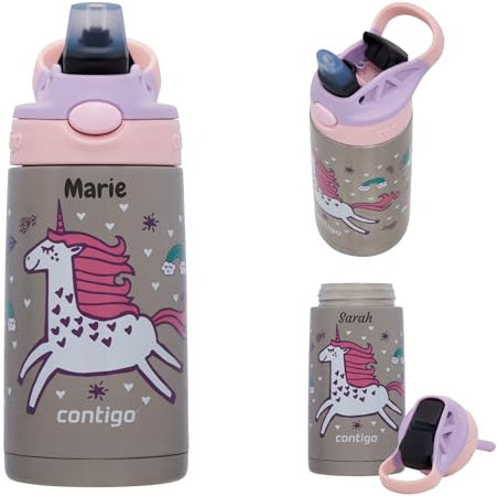 Contigo Personalised Kids Thermal Water Bottle 380ml - Engraved, Easy Clean AUTOSPOUT Stopper, Leakproof - Gift Idea (Strawberry Unicorn)