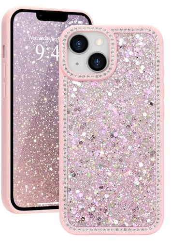Ethanger Glitter Rhinestone Crystal Case for iPhone 14/13, Pink | Glamorous Sparkling Back, Aesthetic Bling Diamond Cover, for Women Girls, Shockproof Protective Phone Case