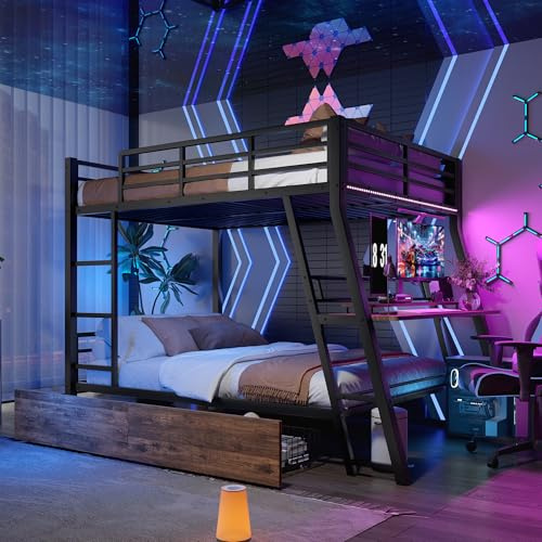 Gxffipw Etagenbett Hochbett 140x200 cm mit Schreibtisch und LED Licht, Etagenbett mit Rausfallschutz und Leiter, Jugendbett Bettgestell mit Metallrahmen und Schubladen, Metallbett, Weiß, Ohne Matratze