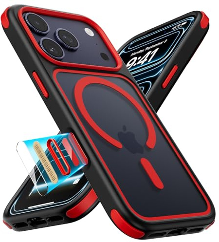 MobNano Hybrid Magnetisch Durchsichtig Hülle für iPhone 17 Pro Max Hülle [Kompatibel mit MagSafe] Stoßfest Bumper Transparent Starke Magnet Handyhülle Clear Silicone iPhone 17ProMax Case Schwarz/Rot