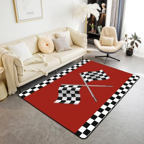 feelingyou Schecked Flag Drucken Wohnzimmer Teppich 100x150cm Schwarz weißes quadratisches Gitter Schlafzimmerbereich Teppich für Kinder Teens Rennwagen Thema Dekor Indoor Matte Heimdekor