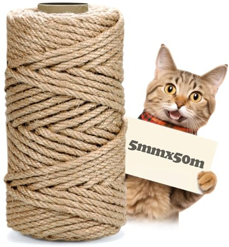 Corde en Sisal Naturel pour Griffoir ou Arbre à Chat - 5 mm x 50 m | Fibre naturelle, Tressage 3 brins, Résistante, Réparation de griffure, Jardin, Bricolage, Facile à couper