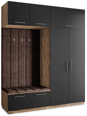 Masseno Flugarderoben Set Rema, Kleiderschrank-Set mit Sitzbank, Garderobenschrank Flur mit 5 Regalböden, Eiche Lefkas/Schwarz