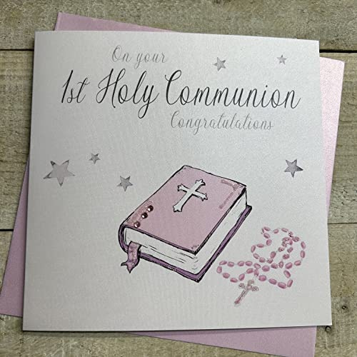 WHITE COTTON CARDS 1ST HOLY COMMUNION PINK BIBLE COMMUNION CARD, HAND FINISHED (N88)