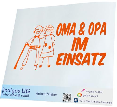 INDIGOS UG Aufkleber - Autoaufkleber - JDM - Die Cut - Oma und Opa im Einsatz Kinder Boy Girl - 190x90mm orange - Heckscheibe - Heckscheibenaufkleber - Sticker Tuning Boot Auto Laptop LKW