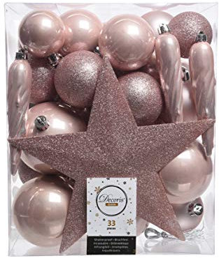 Weihnachtskugeln mit Christbaumspitze Stern Kunststoff 33er Set bruchsicher rosa