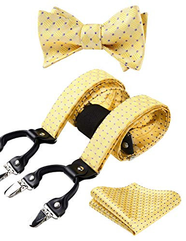 HISDERN Gelb Hosenträger Herren und Fliege Set für Herren Einstecktuch Y Style hosenträger Dot Plaid mit 6 Starken Clips Einstellbar für Anzug