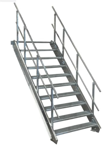 SRM Design 10 Stufen Stahltreppe Breite 70 cm verzinkt 1x Geländer | Geschosshöhe 150 - 200 cm feuerverzinkt Robuste Außentreppe Wangentreppe Stabile Industrietreppe Außenbereich