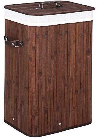 BAKAJI Panier à linge sale à linge maison en bois de bambou et tissu avec couvercle et poignées capacité 70 l dimensions 40 x 30 x 60 cm (marron)