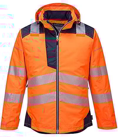 Portwest T400 Men's PW3 Lightweight Hi Vis Hooded Work Jacket Reflective Full Zip Safety Utility Quilt Lined Waterproof Workwear Orange/Navy, Small
