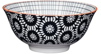 KitchenCraft Ceramic Bowl Set with Monochrome Daisy Floral Pattern, Stoneware, Black/White, 15.5 cm, Set of 4 Bowls