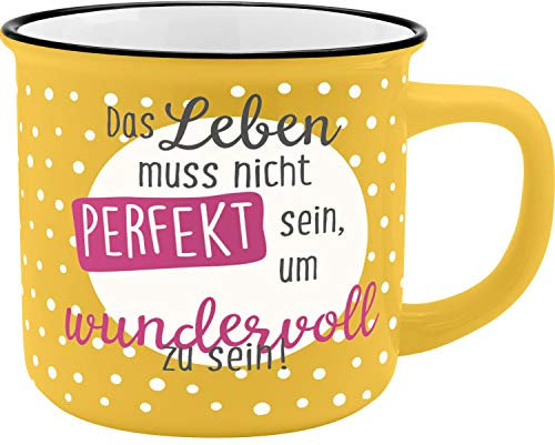 GRUSS & CO Becher Motiv Leben | New Bone China Porzellan, Emaille-Optik, 35 cl | Tasse mit Spruch | 45777, 1 Stück (1er Pack)