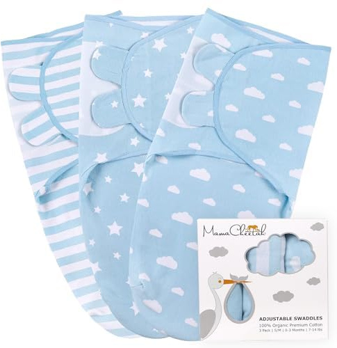 Mama Cheetah Pucksack Baby, Wickeltuch für Säuglinge (3-6 Monate), verstellbares Wickeldecke für Neugeborene, 3er-Pack Pucktuch, 100% Bio-Baumwolle Swaddle Decke