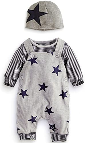 SFreeBo Infant Baby Boys Clothing Sets Newborn Baby Cotton Romper Outfits Suit Toddler Kids Clothes 3pcs Long Sleeves T-shirt Star Pattern Dungarees Hat 0-18 Months