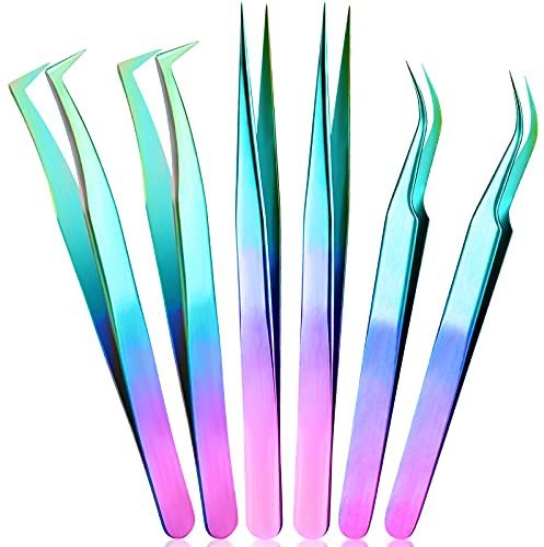 6 Pinzette per Estensione di Ciglia Pinzette a Punta Dritta in Acciaio Inox Pinzette a Punta Curva per Ciglia a Volume Individuale Pinzette Isolanti Strumenti per Ciglia Finte (Arcobaleno)