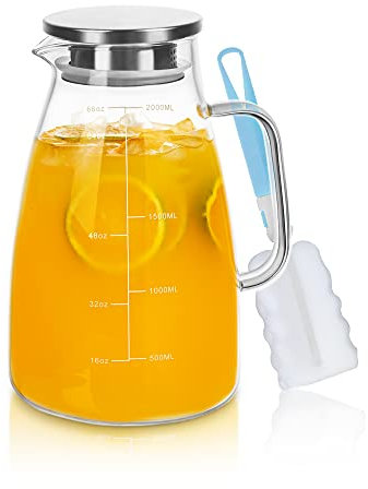 Water Jug, 2L Glass Jug with Lid and Scale Line - Heat Resistant Glass Pitcher Water Carafe - Iced Tea Pitcher for Juice, Lemonade, Hot/Cold Beverages - Including Cleaning Brush