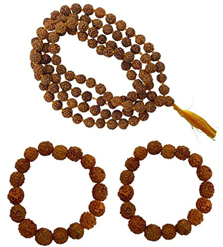 Naisha Rudraksha Stretchable Armband 2 Stück & Rudraksha Mala 108+1 Perlen Halskette 5 Mukhi Paanch Mukhi 5 Gesicht Rudraksha Samen Gebetsperlen Handgelenk Mala Wrap Jaap Mala Armband Perle Größe 8 mm
