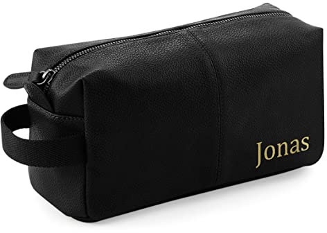 Kulturtasche Männer - personalisierte Geschenke mit Name - Leder Weihnachten Geburtstagsgeschenk Reisetasche zum aufhängen schwarz (Name)