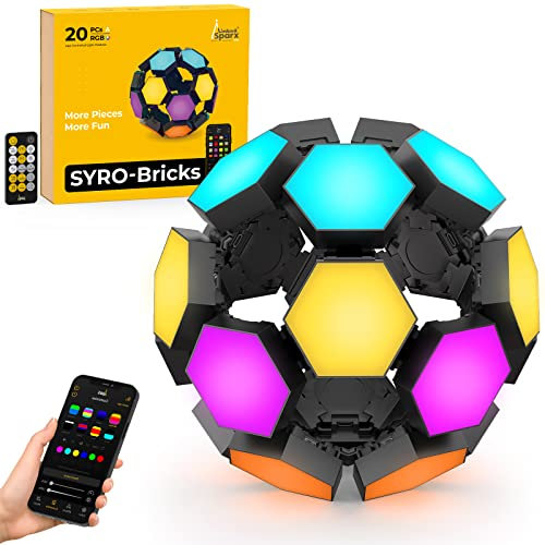 LinkedSparx Hexagon RGB Panel, Syro-Bricks 3D-Sechseck-Lichter, intelligente App-Steuerung, Hexagon-LED-Lichter für Wand oder Desktop mit Musiksynchronisierung für Raum-Streaming-Dekoration (20 Stück)