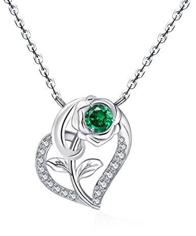 Qings May Emerald Green Birthstone Necklace for Women 925 Sterling Silver Rose Flower Heart Pendant Necklaces with Cubic Zirconia Mother's Day Birthstones Jewellery Gifts for Wife Mother Mum
