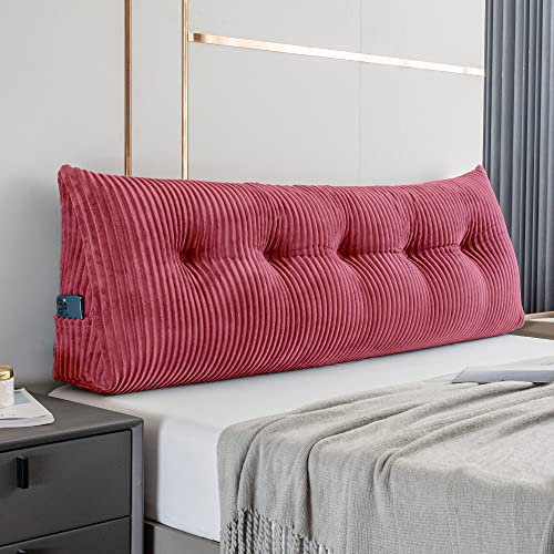 Activance Large Triangular Headboard Wedge Bed Rest Reading Pillow Backrest Positioning Support Bolster Cushion with Removable Cover (Soft Rose Red, Queen: 59x8x20 Inches)