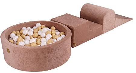 MEOWBABY Piscine à Balle avec Parcours de Motricité pour Bébé avec 200 Balles - Parcours Motricité Enfant et Bébé en Velours - Aire de Jeu Modulable pour Enfants, Beige